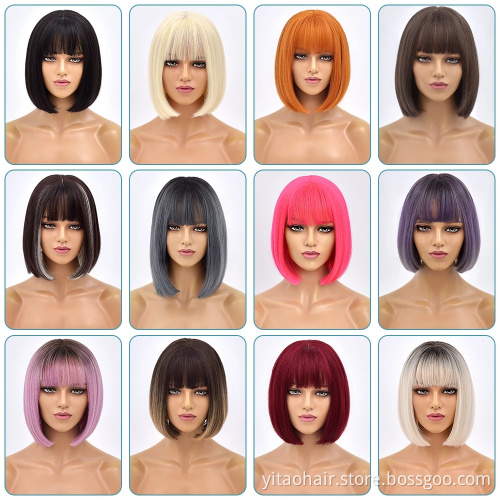 Anogol Cheap Ombre color black root Blonde Synthetic hair Bob Wigs With Bangs 613 color  sik straight synthetic hair  wigs